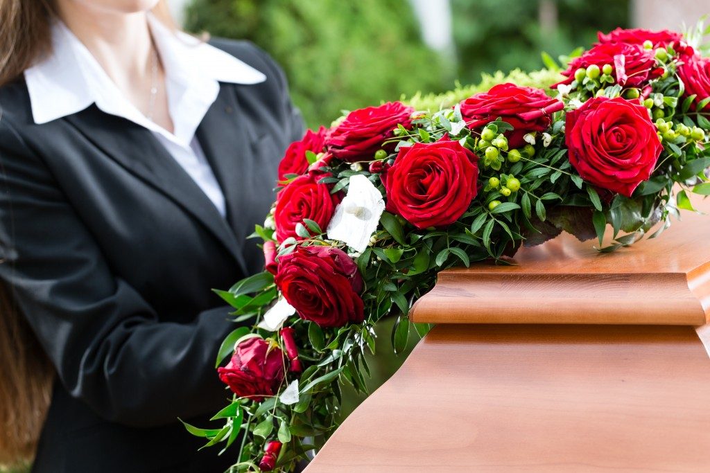 Funeral coffin with flowers